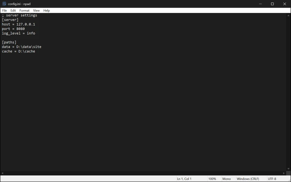 npad in its dark colour scheme editing a small INI configuration file