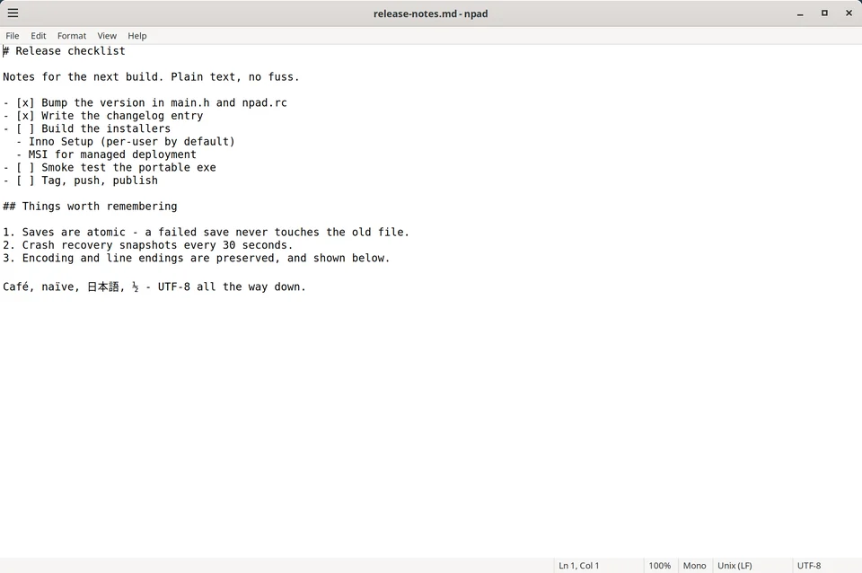 The Linux GTK 3 build of npad in light colours on a Debian Cinnamon desktop, with a title bar, File, Edit, Format, View and Help menus, a Markdown checklist and a status bar showing line and column, zoom, font, line ending and encoding