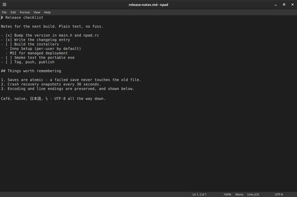 The Linux GTK 3 build of npad with a dark colour scheme and dark title bar, showing the same Markdown checklist