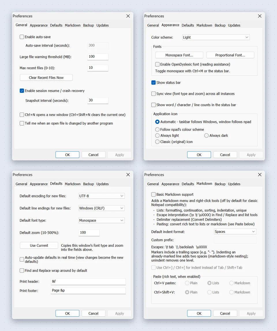 Four npad Preferences dialogs side by side, showing the General, Appearance, Defaults and Markdown tabs