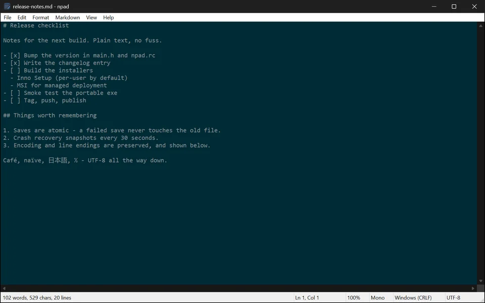npad in the Solarized Dark colour scheme editing a Markdown release checklist, with a Markdown menu and a status bar showing word, character and line counts