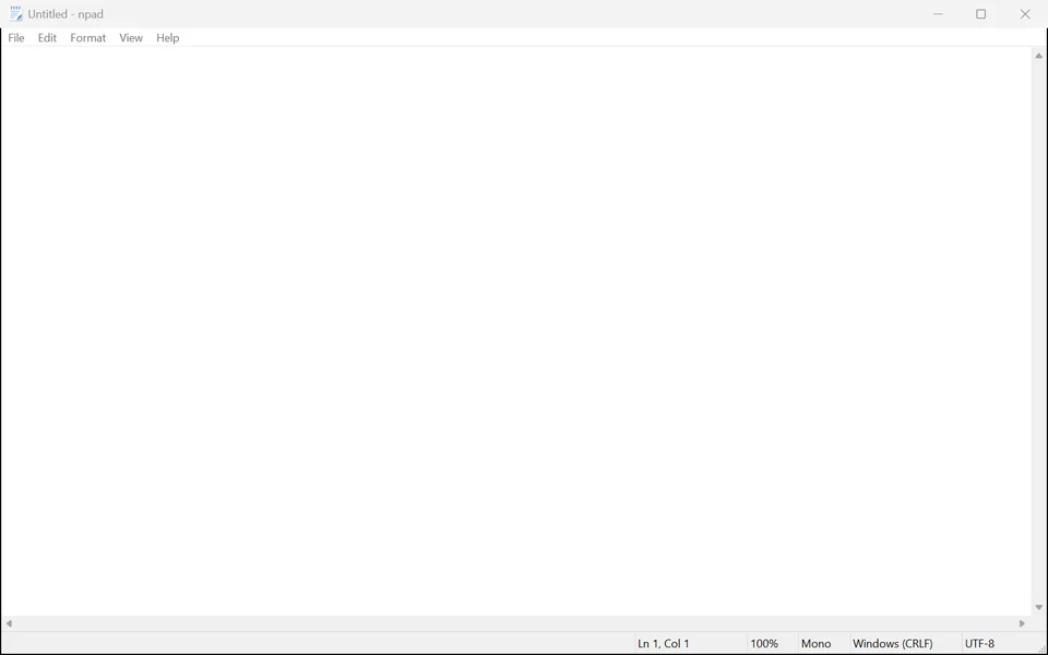 npad running with its default settings on Windows in light mode: File, Edit, Format, View and Help menus above a white text area holding a short meeting-notes file, with a status bar showing line and column, zoom, font, line ending and encoding